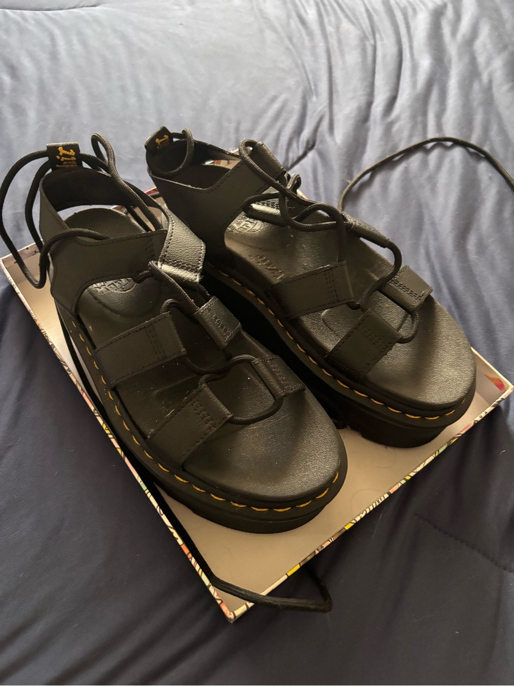Dr. Martens Black Leather Platform Sandals with Yellow Stitching